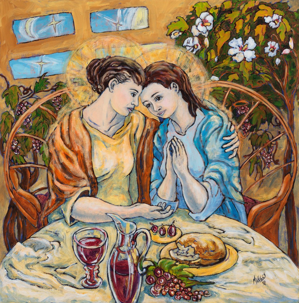 Mother and Daughter News. symbols are used of bread, wine, grapes, and affection.