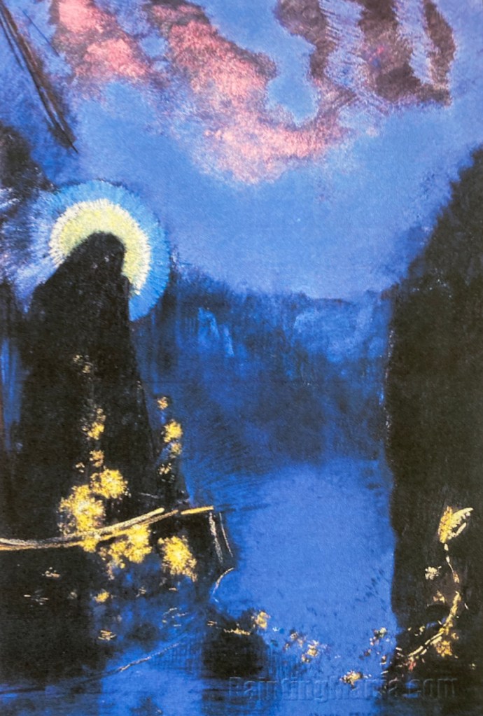 Redón "The Boat" Pastel in blues of a woman with a Halo in a boat.