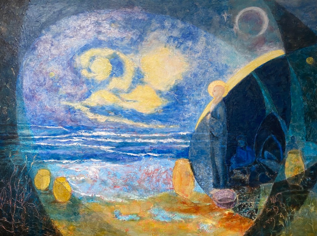 "Ascent to Origin" oil and cold wax painting 48" x 36" based on "Seeing Through", diaphaneity, transparency and transformation