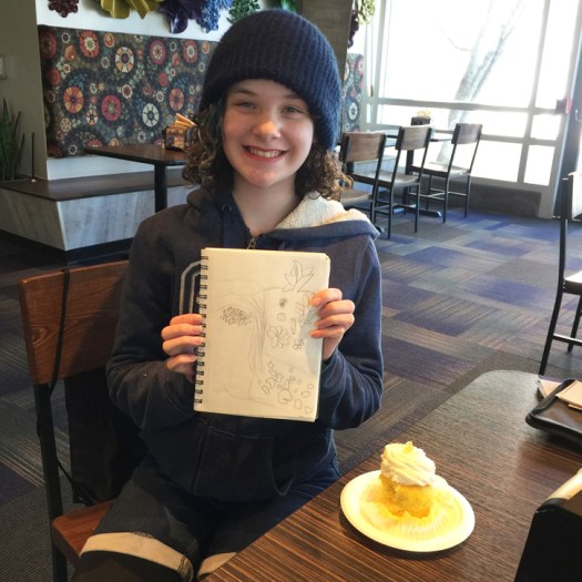 "Helen with sketch and cupcake!"