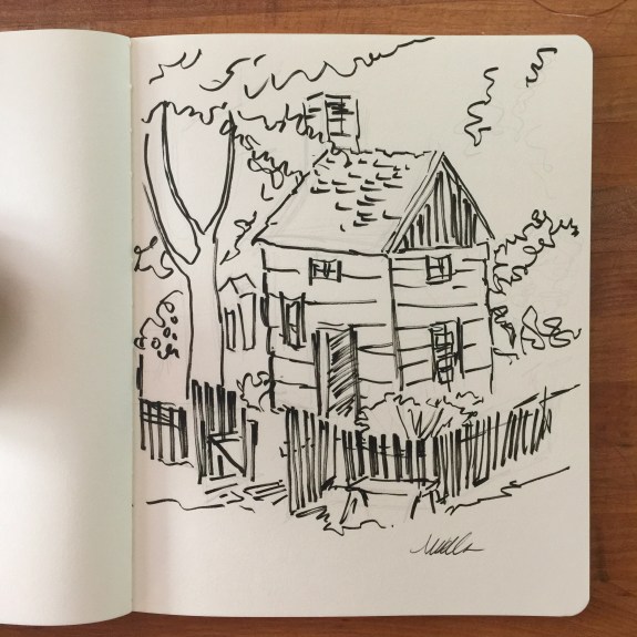"Pioneer Cabin at Littleton Farms" in sketchbook 8" x 10", pencil and pen, by Marilyn