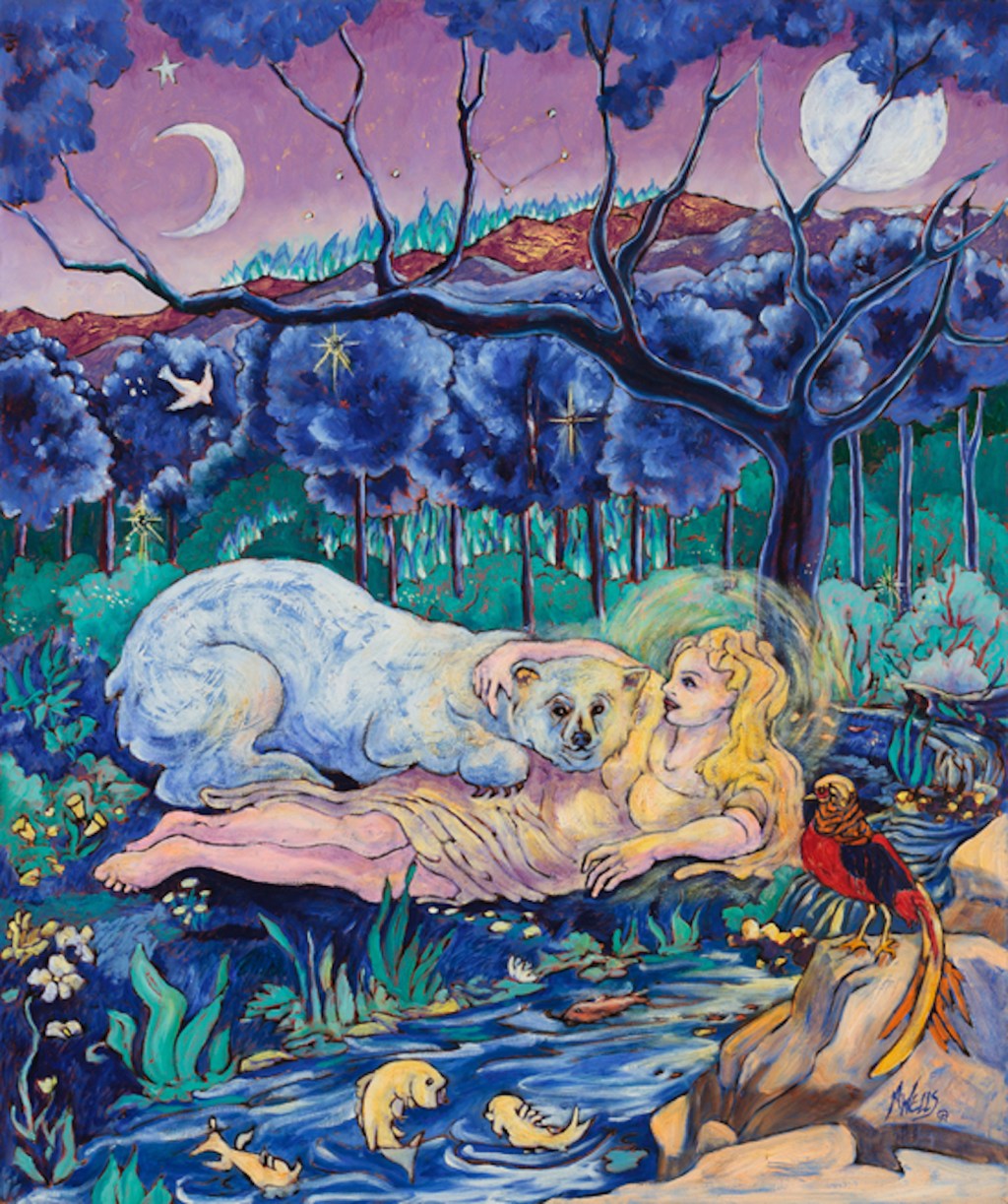 "East of the Sun, West of the Moon" by Marilyn Wells, 20" x 24" colorful oil painting, of a beautiful maiden with the Bear she comes to love in a magical setting.