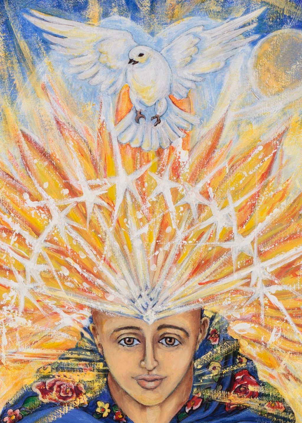 "Wisdom Sophia" Detail of oil painting by Marilyn Wells.This painting detail shows an warm-toned woman wearing a Slavic scarf, symbol of all peoples, and her Crown of Stars, sheltered by a white dove. Personal sign of Hope, Peace, and Joy for the artist.